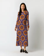 Load image into Gallery viewer, Long Sleeve Swing Dress in Purple Sovereign Stretch Satin
