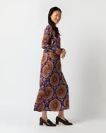 Load image into Gallery viewer, Long Sleeve Swing Dress in Purple Sovereign Stretch Satin
