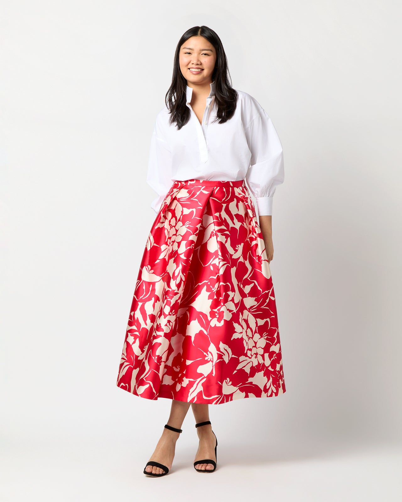 Elana Skirt in Red/Natural Bold Abstract Flower Mikado