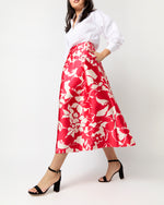 Load image into Gallery viewer, Elana Skirt in Red/Natural Bold Abstract Flower Mikado
