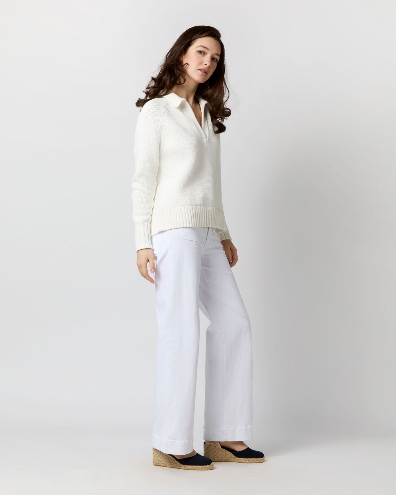 Catherine Johnny-Collar Sweater in Chalk Cotton