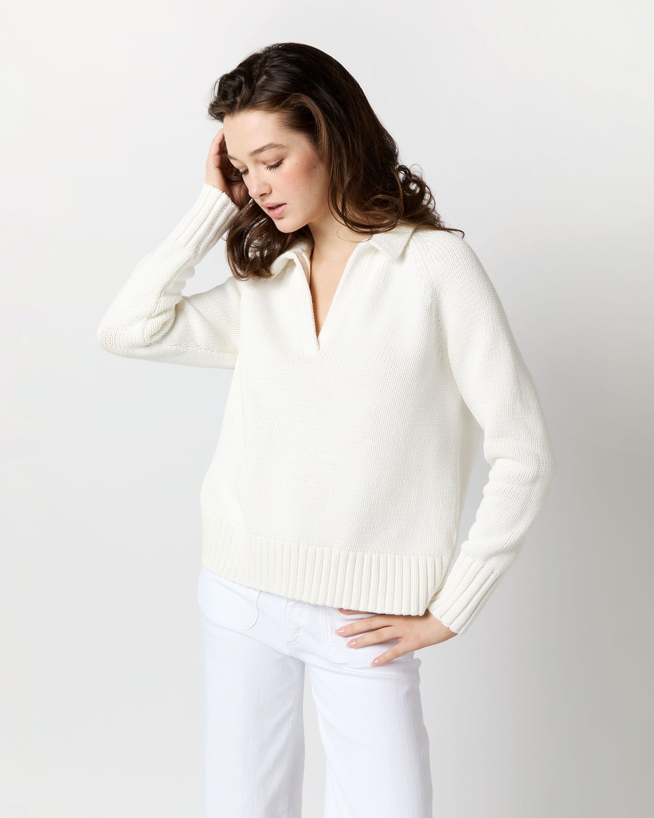 Catherine Johnny-Collar Sweater in Chalk Cotton