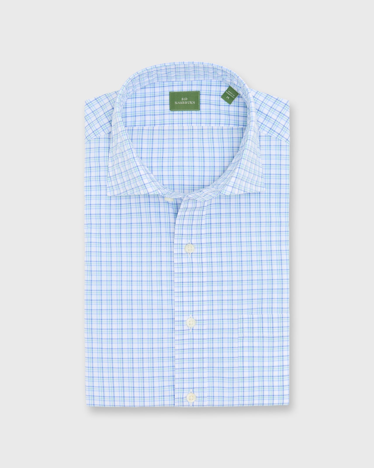 Spread Collar Sport Shirt in White/Seaglass/Dutch Check Poplin