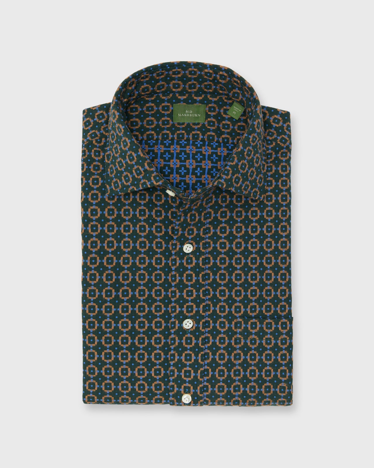 Spread Collar Sport Shirt in Forest/Tobacco/Blue Jacquard Poplin