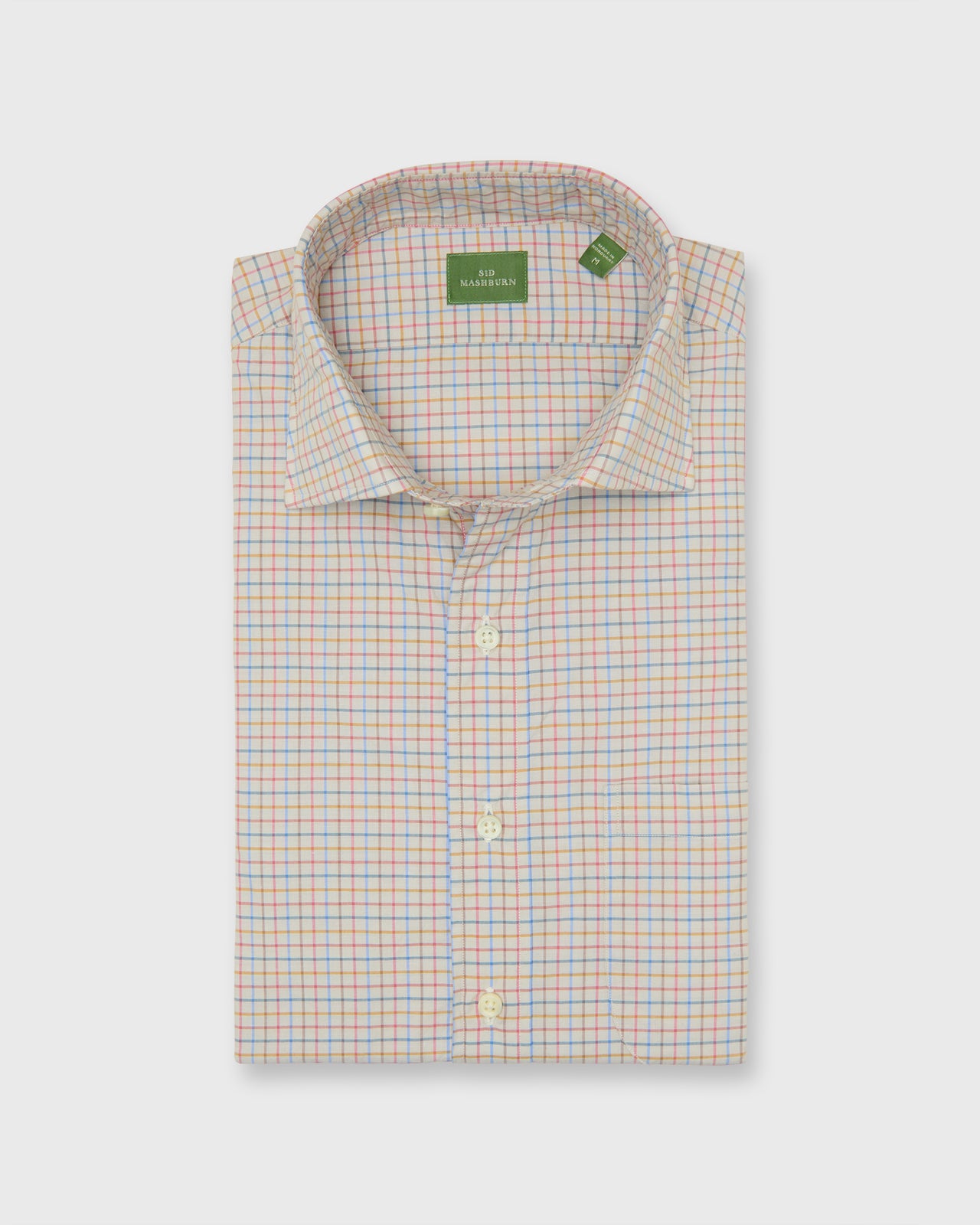 Spread Collar Sport Shirt in Bone/Sky/Berry Tattersall Poplin