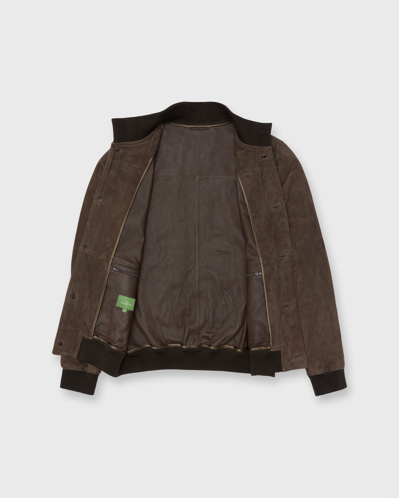 Button-Front Bomber Jacket in Brown Suede