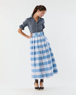 Load image into Gallery viewer, Pleated Wrap Midi Skirt in Periwinkle Large Gingham Silk Shantung
