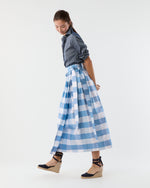 Load image into Gallery viewer, Pleated Wrap Midi Skirt in Periwinkle Large Gingham Silk Shantung
