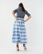 Load image into Gallery viewer, Pleated Wrap Midi Skirt in Periwinkle Large Gingham Silk Shantung
