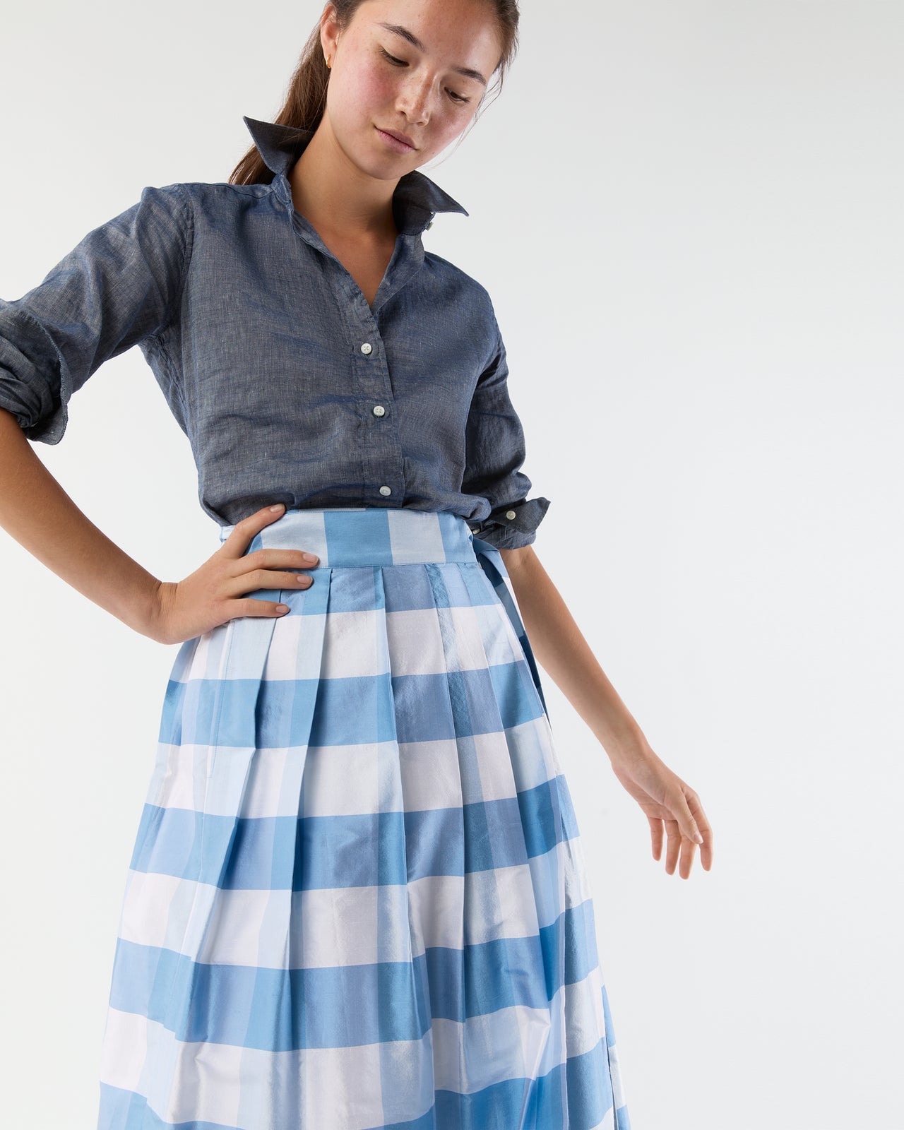 Pleated Wrap Midi Skirt in Periwinkle Large Gingham Silk Shantung