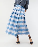 Load image into Gallery viewer, Pleated Wrap Midi Skirt in Periwinkle Large Gingham Silk Shantung
