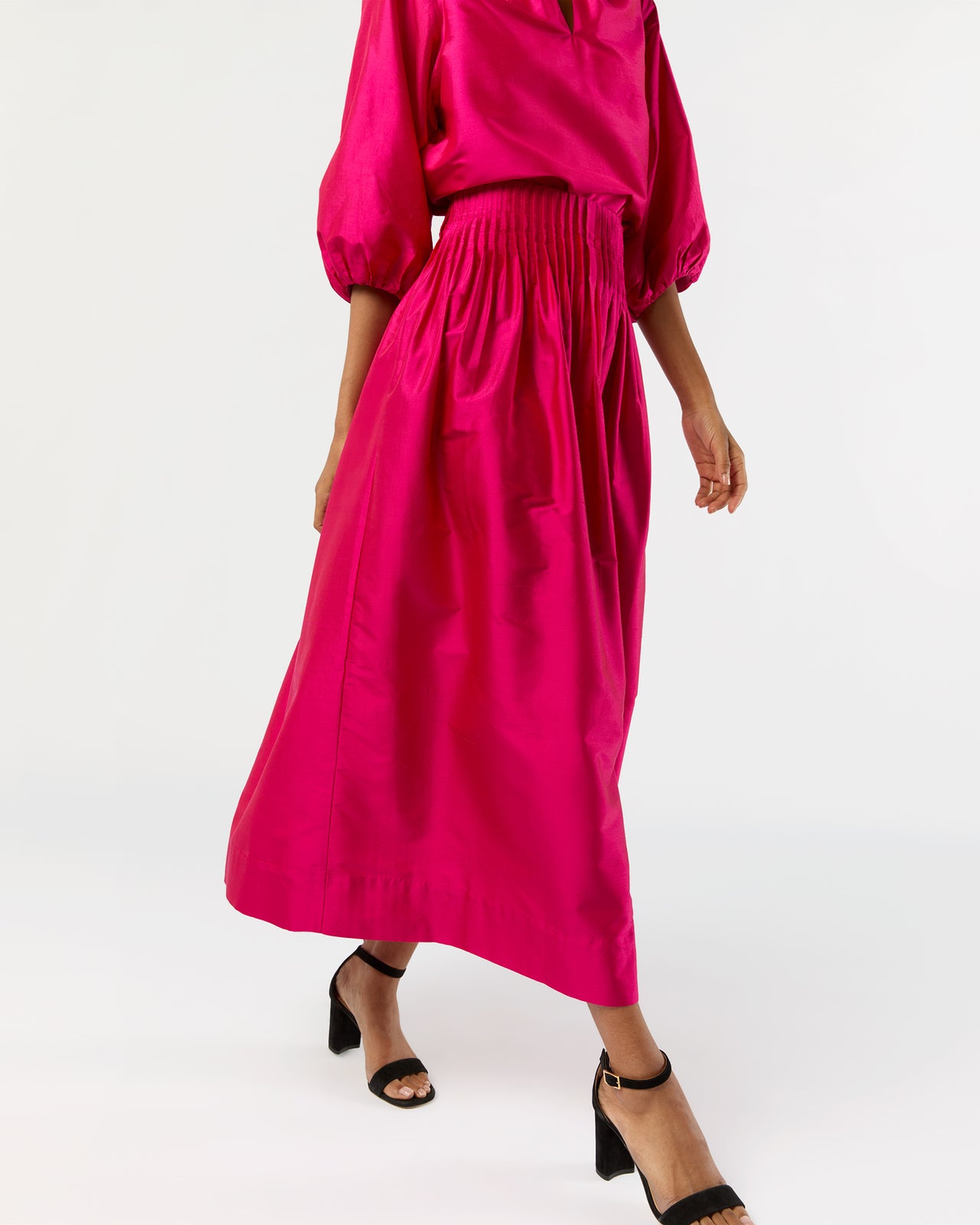 Adah Pintuck Skirt in Fuchsia Silk Shantung