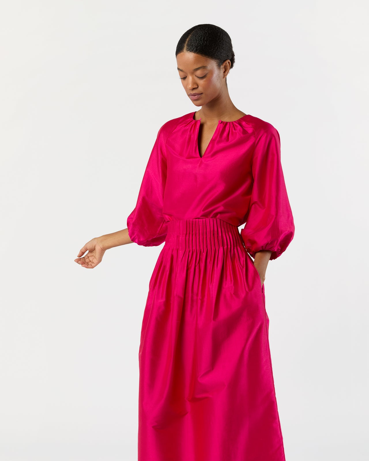 Savannah Top in Fuchsia Washed Silk Shantung