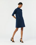 Load image into Gallery viewer, Rowan Short-Sleeved Funnel-Neck Dress in Heather Navy Extra Fine Merino Wool
