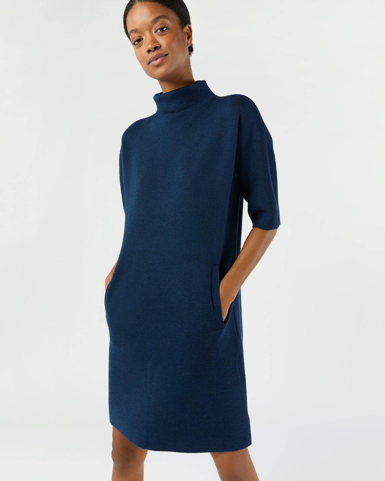 Rowan Short-Sleeved Funnel-Neck Dress in Heather Navy Extra Fine Merino Wool