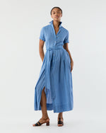 Load image into Gallery viewer, Short-Sleeved Classic Shirtwaist Maxi Dress in Atlantic Blue Sahara Linen
