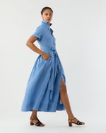 Load image into Gallery viewer, Short-Sleeved Classic Shirtwaist Maxi Dress in Atlantic Blue Sahara Linen
