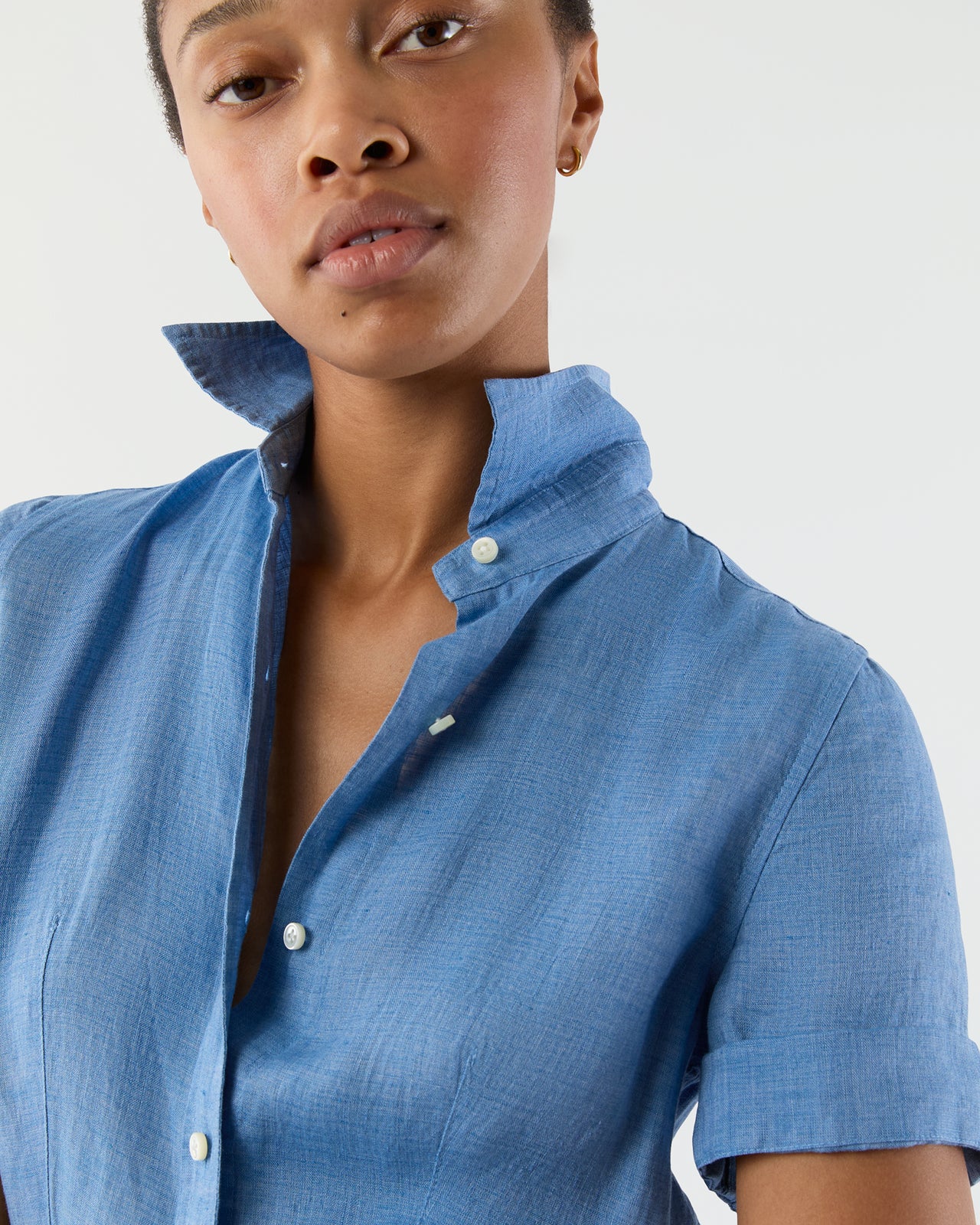 Short-Sleeved Classic Shirtwaist Maxi Dress in Atlantic Blue Sahara Linen