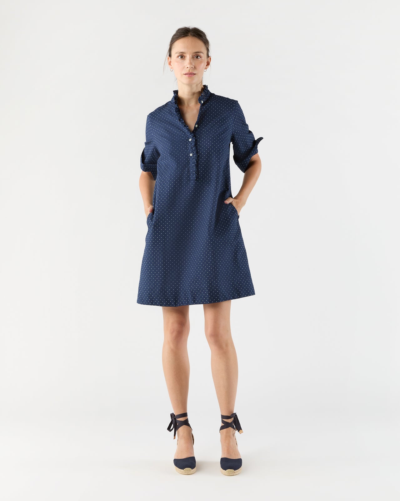 Elbow-Sleeve Frill Dress in Navy Polka Dot Seersucker