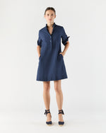 Load image into Gallery viewer, Elbow-Sleeve Frill Dress in Navy Polka Dot Seersucker
