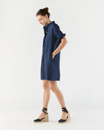 Load image into Gallery viewer, Elbow-Sleeve Frill Dress in Navy Polka Dot Seersucker
