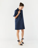 Load image into Gallery viewer, Elbow-Sleeve Frill Dress in Navy Polka Dot Seersucker
