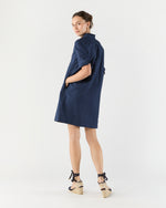 Load image into Gallery viewer, Elbow-Sleeve Frill Dress in Navy Polka Dot Seersucker
