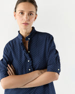Load image into Gallery viewer, Elbow-Sleeve Frill Dress in Navy Polka Dot Seersucker
