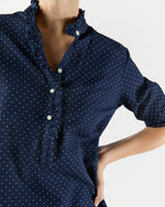 Load image into Gallery viewer, Elbow-Sleeve Frill Dress in Navy Polka Dot Seersucker
