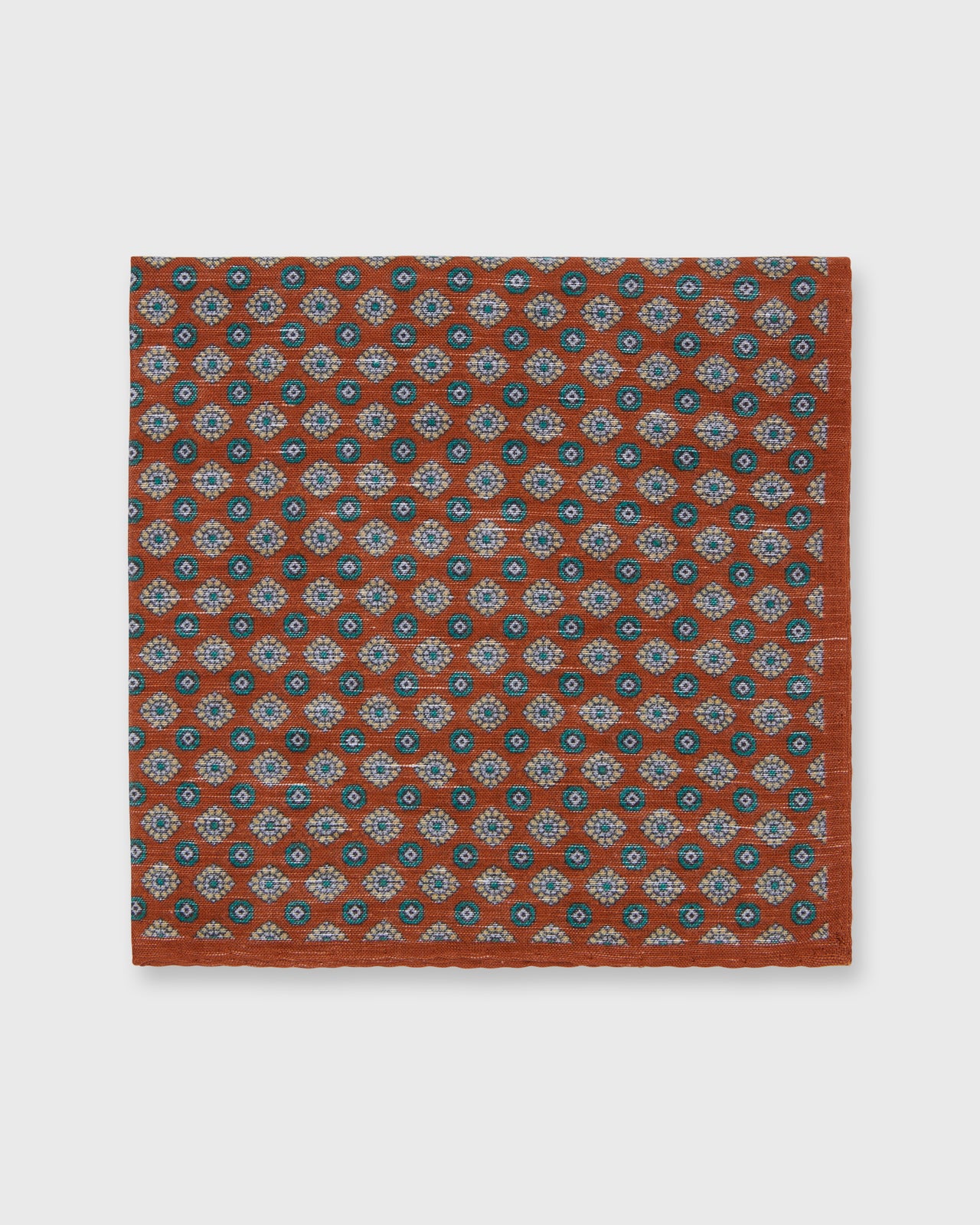 Hand-Rolled Cotolino Print Pocket Square in Umber/Yellow/Green Foulard
