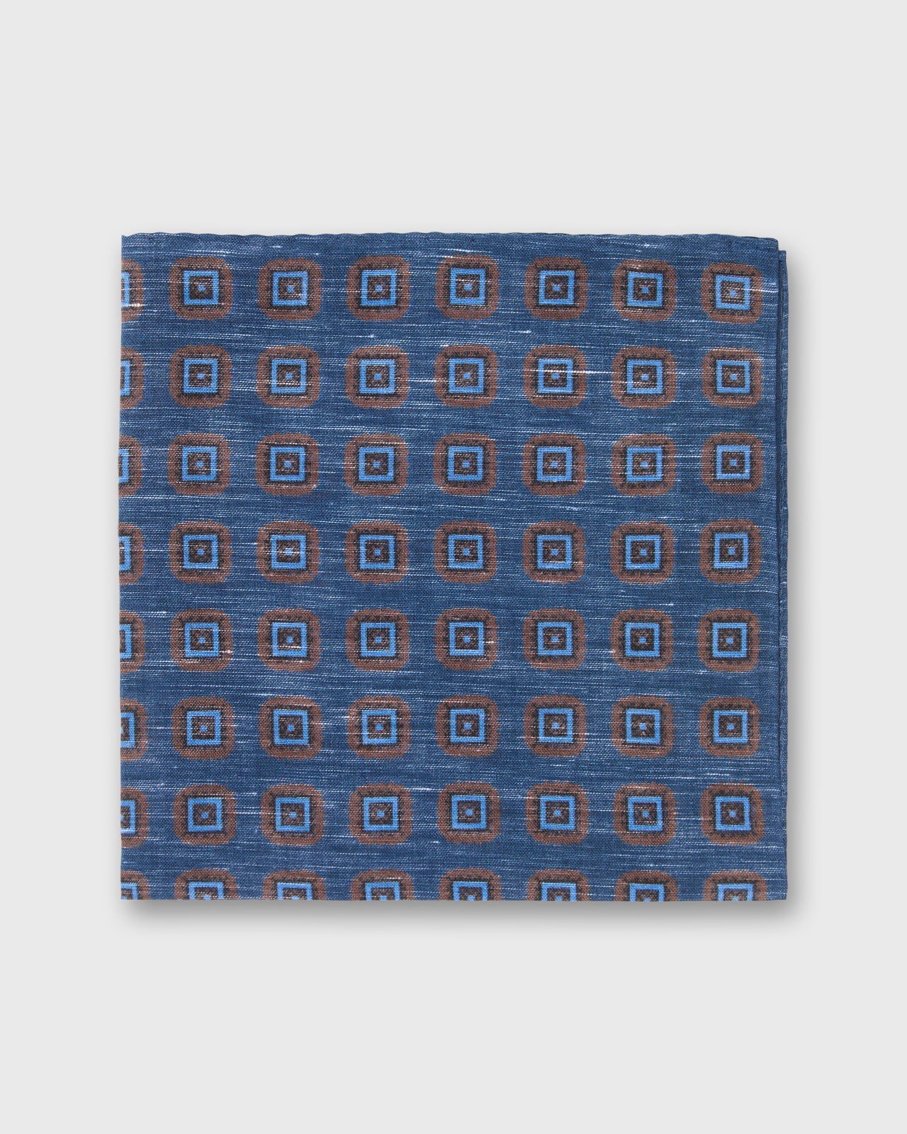 Hand-Rolled Cotolino Print Pocket Square in Navy/Umber/Sky Medallion