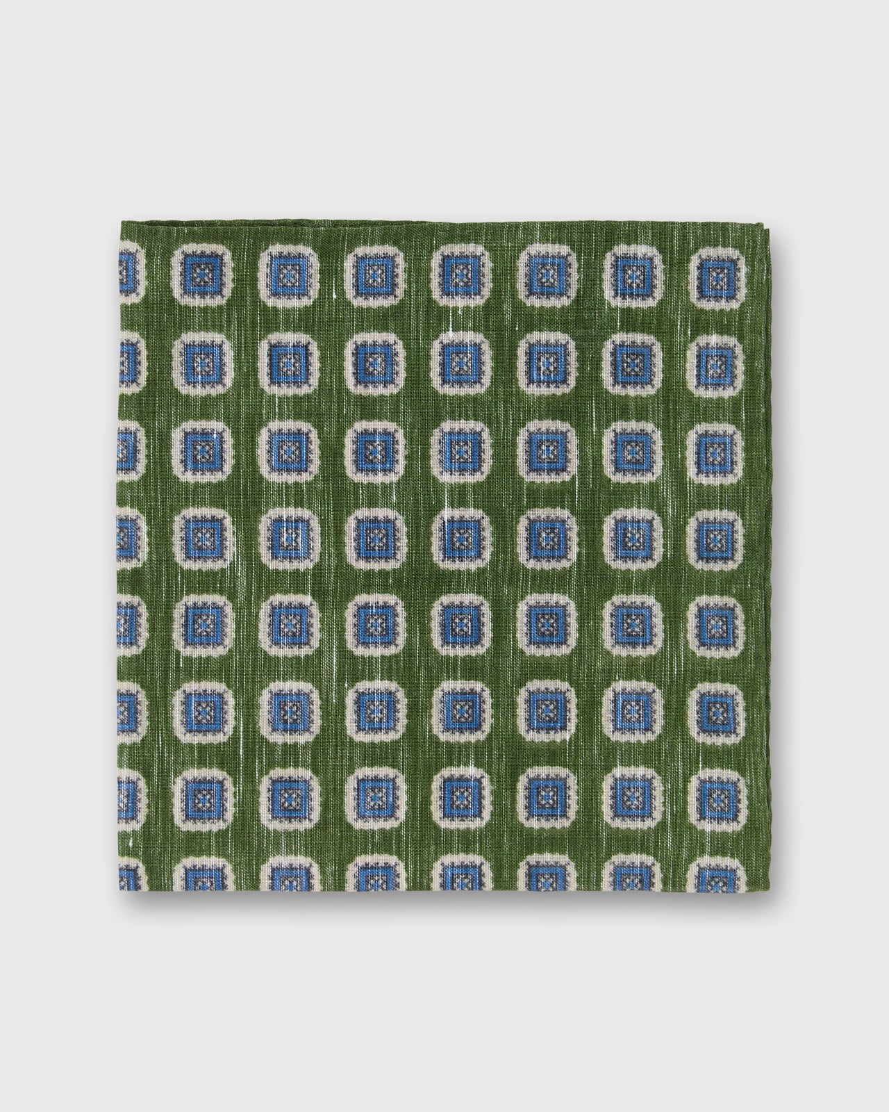 Hand-Rolled Cotolino Print Pocket Square in Sea Moss/Navy/Cream Medallion