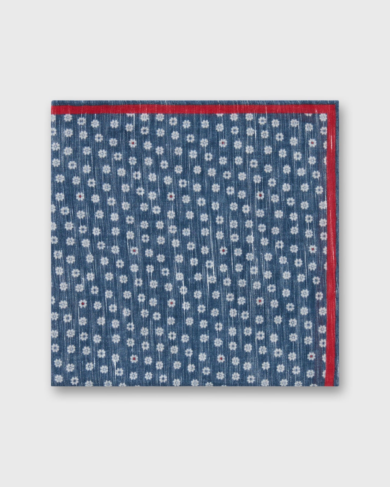 Hand-Rolled Linen/Cotton Print Pocket Square in Navy/Bone/Red Multi Flower