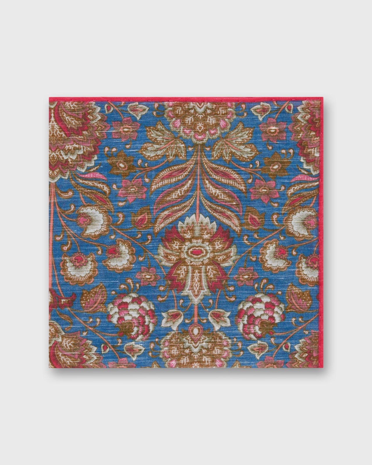 Hand-Rolled Linen/Cotton Print Pocket Square in Blue/Brown Multi Paisley Scene