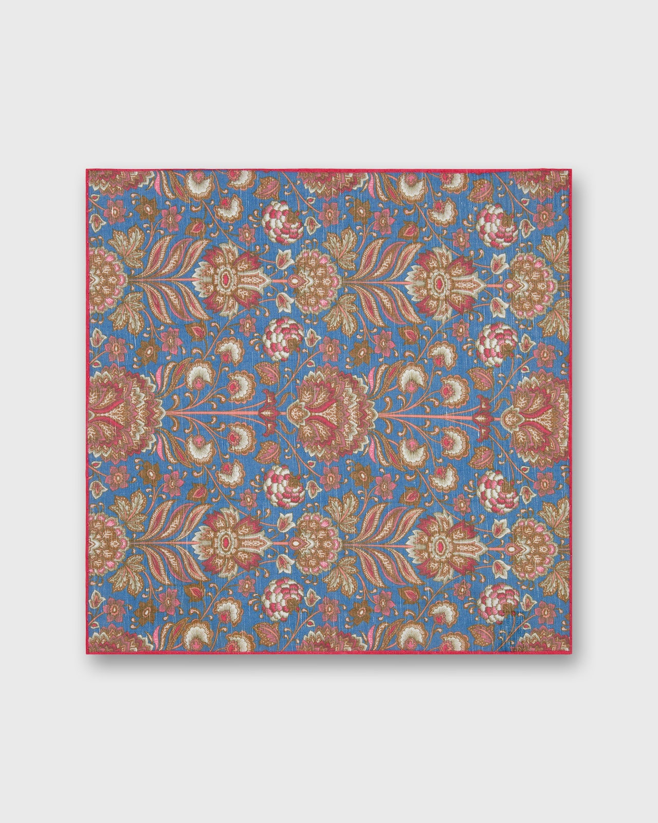 Hand-Rolled Linen/Cotton Print Pocket Square in Blue/Brown Multi Paisley Scene
