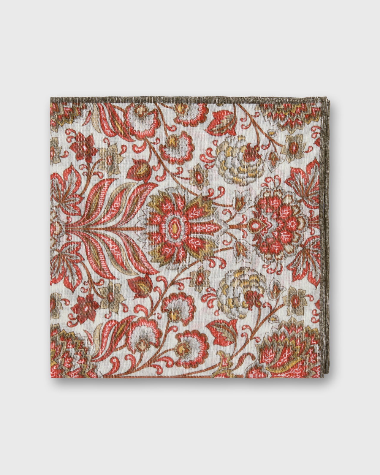 Hand-Rolled Linen/Cotton Print Pocket Square in Red/Bone Paisley Scene