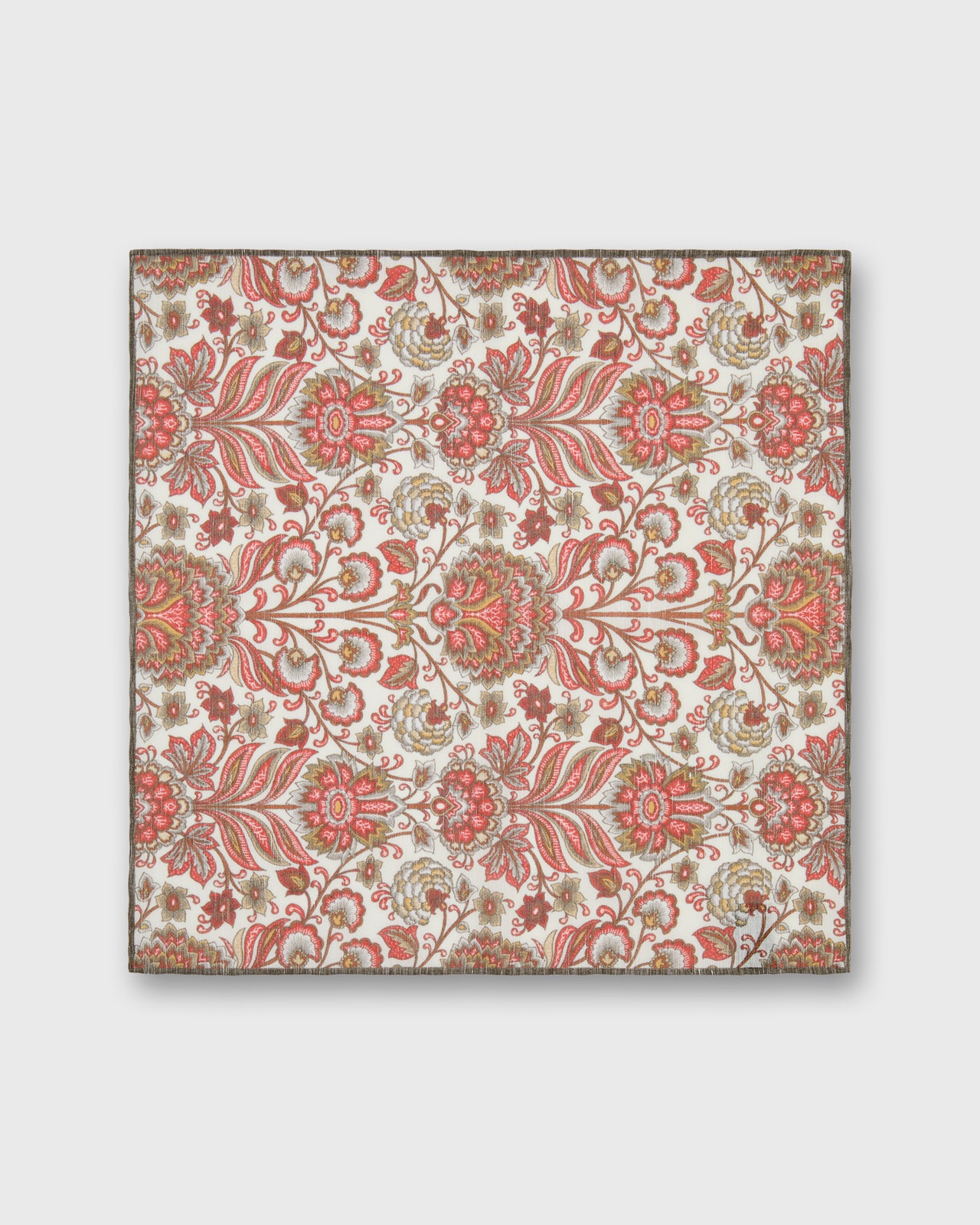 Hand-Rolled Linen/Cotton Print Pocket Square in Red/Bone Paisley Scene