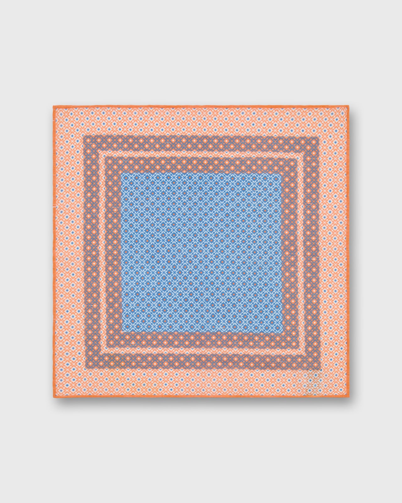 Hand-Rolled Linen/Cotton Print Pocket Square in Melon/Blue/Bone Mosaic