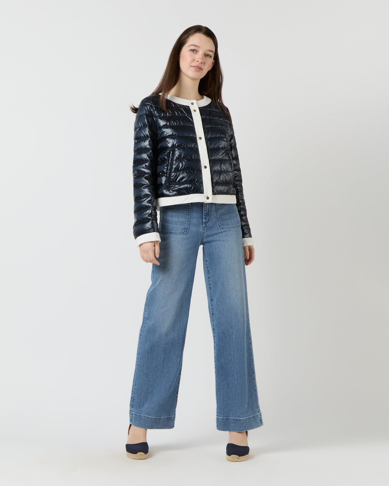 Short Jacket with Matte Trim in Navy