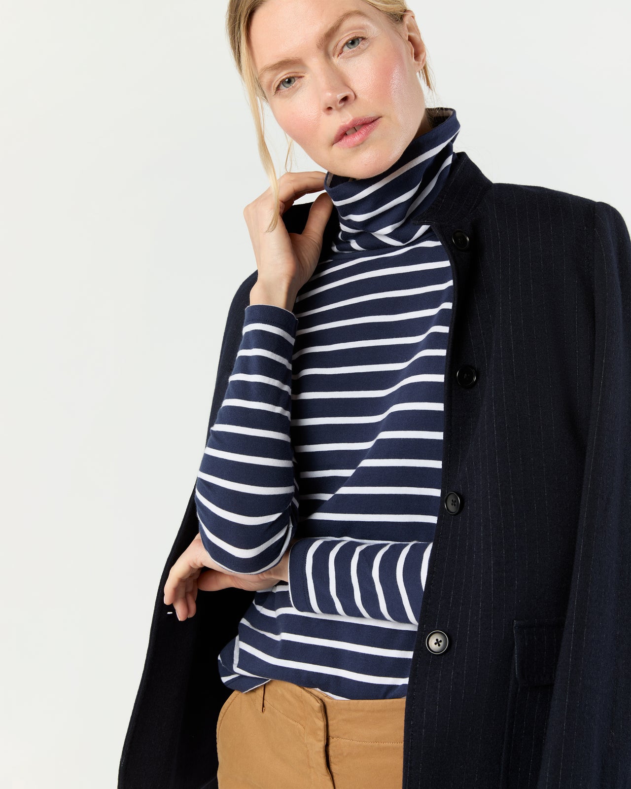 Turtleneck Tee in Navy/White Stripe Jersey