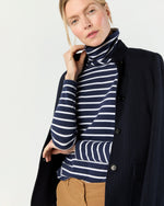 Load image into Gallery viewer, Turtleneck Tee in Navy/White Stripe Jersey
