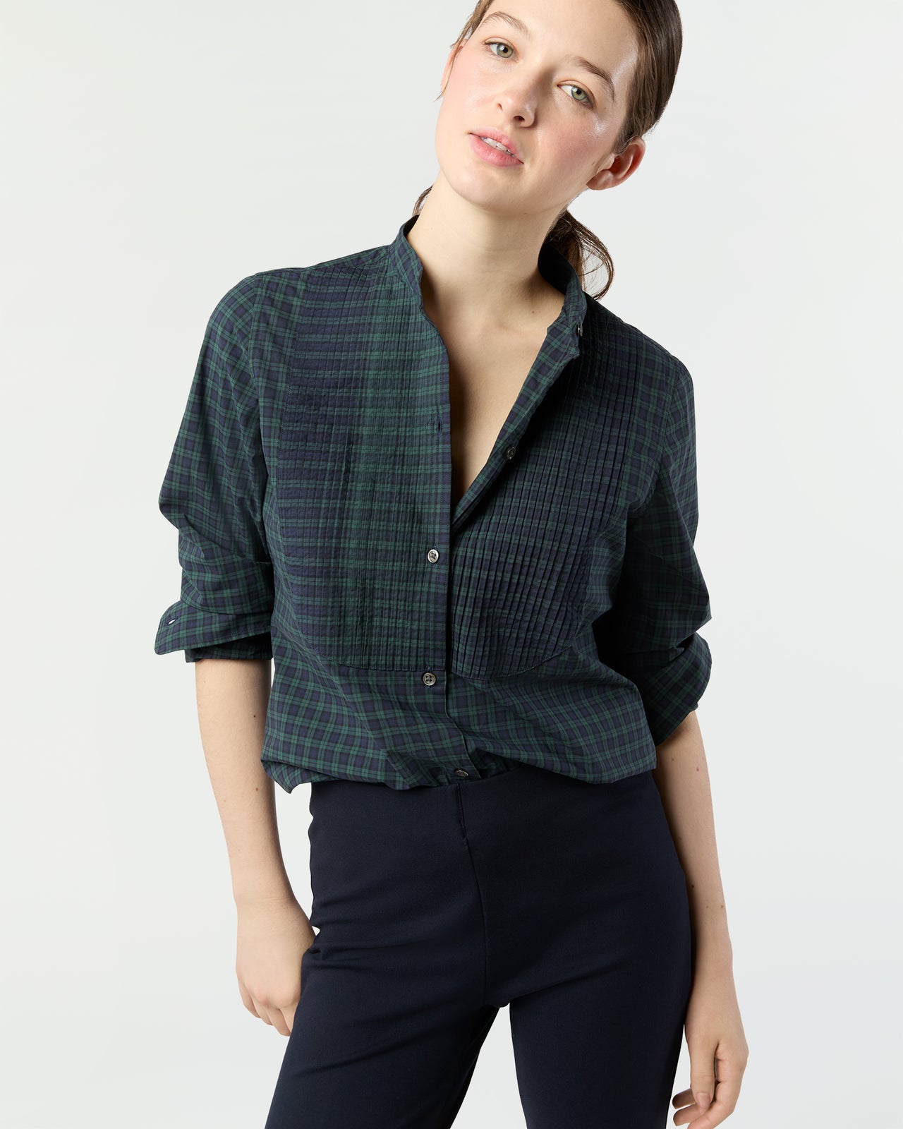 Mandarin Hattie Shirt in Blackwatch Poplin