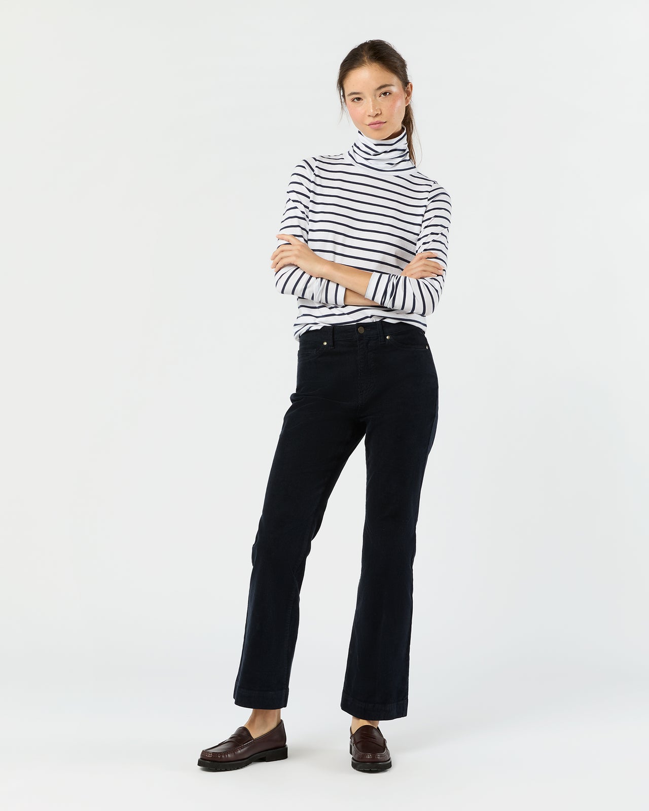 Turtleneck Tee in White/Navy Stripe Jersey