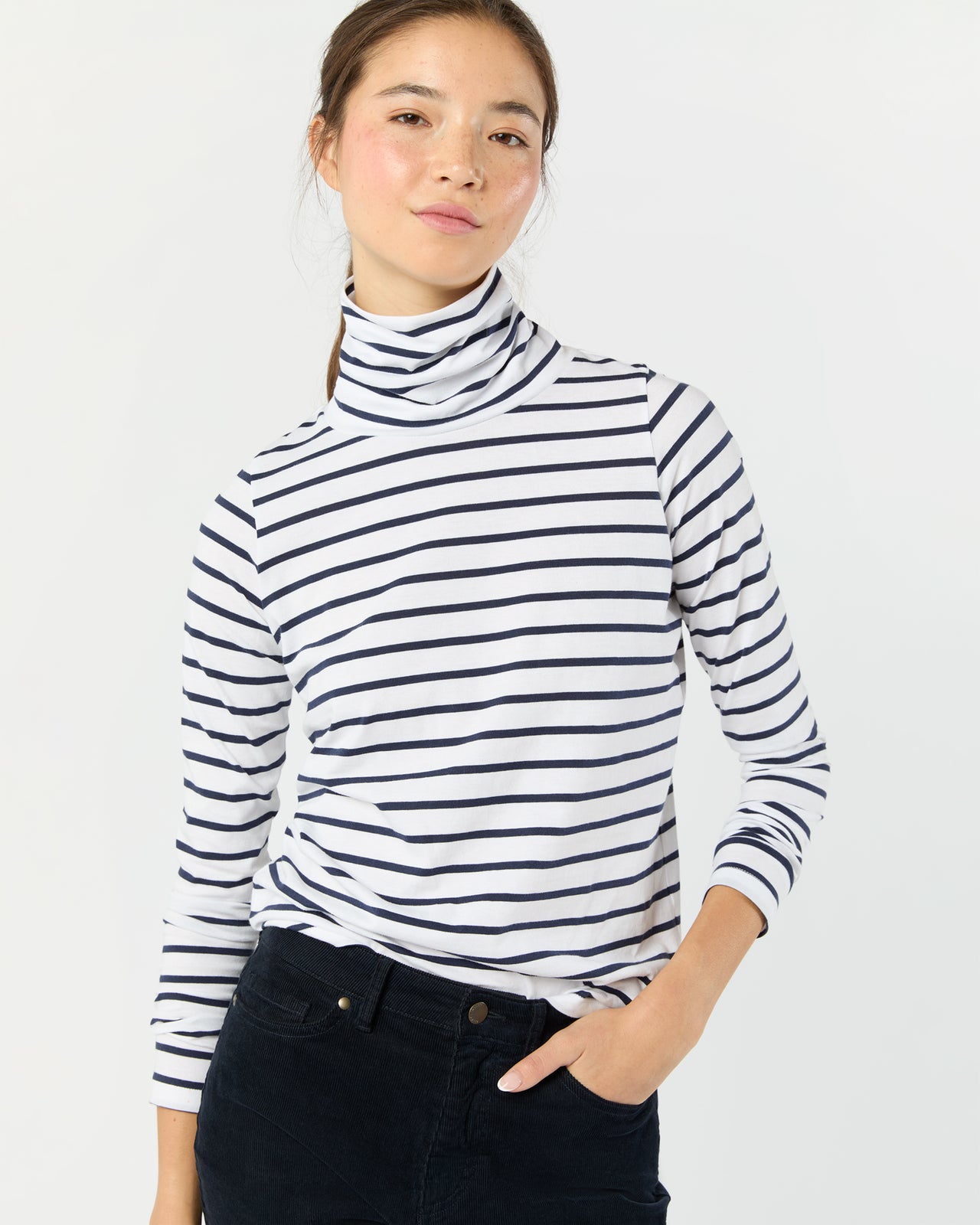 Turtleneck Tee in White/Navy Stripe Jersey