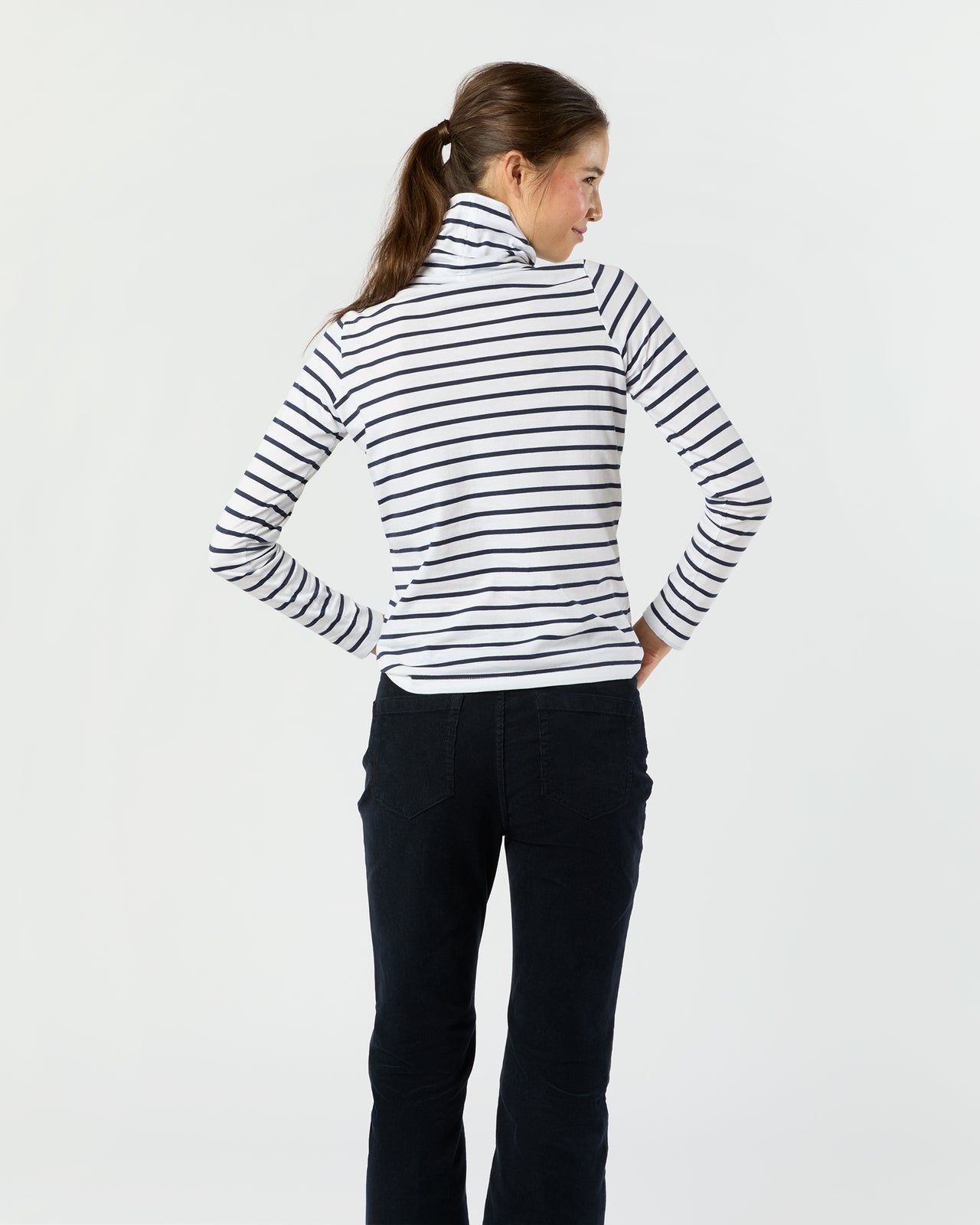 Turtleneck Tee in White/Navy Stripe Jersey