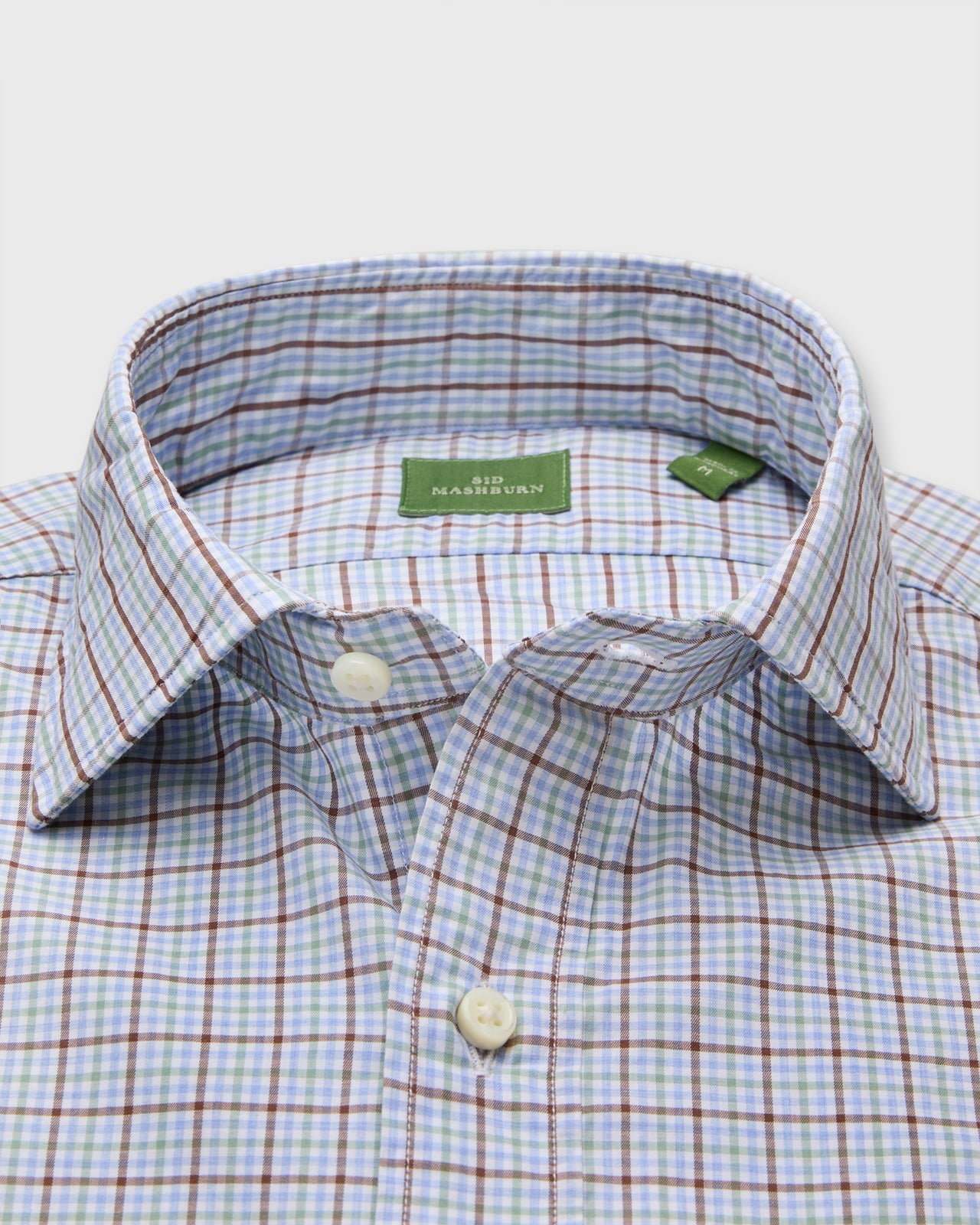 Spread Collar Sport Shirt in Sky/Spruce/Brown Tattersall Poplin