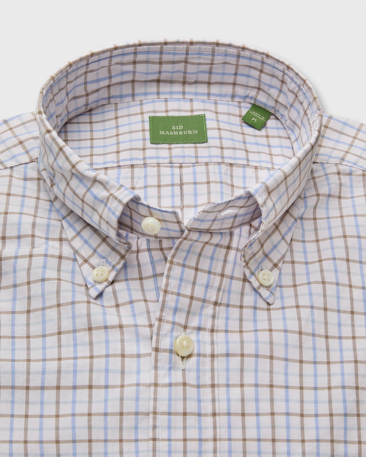 Button-Down Sport Shirt in Bone/Olive/Sky Tattersall Poplin