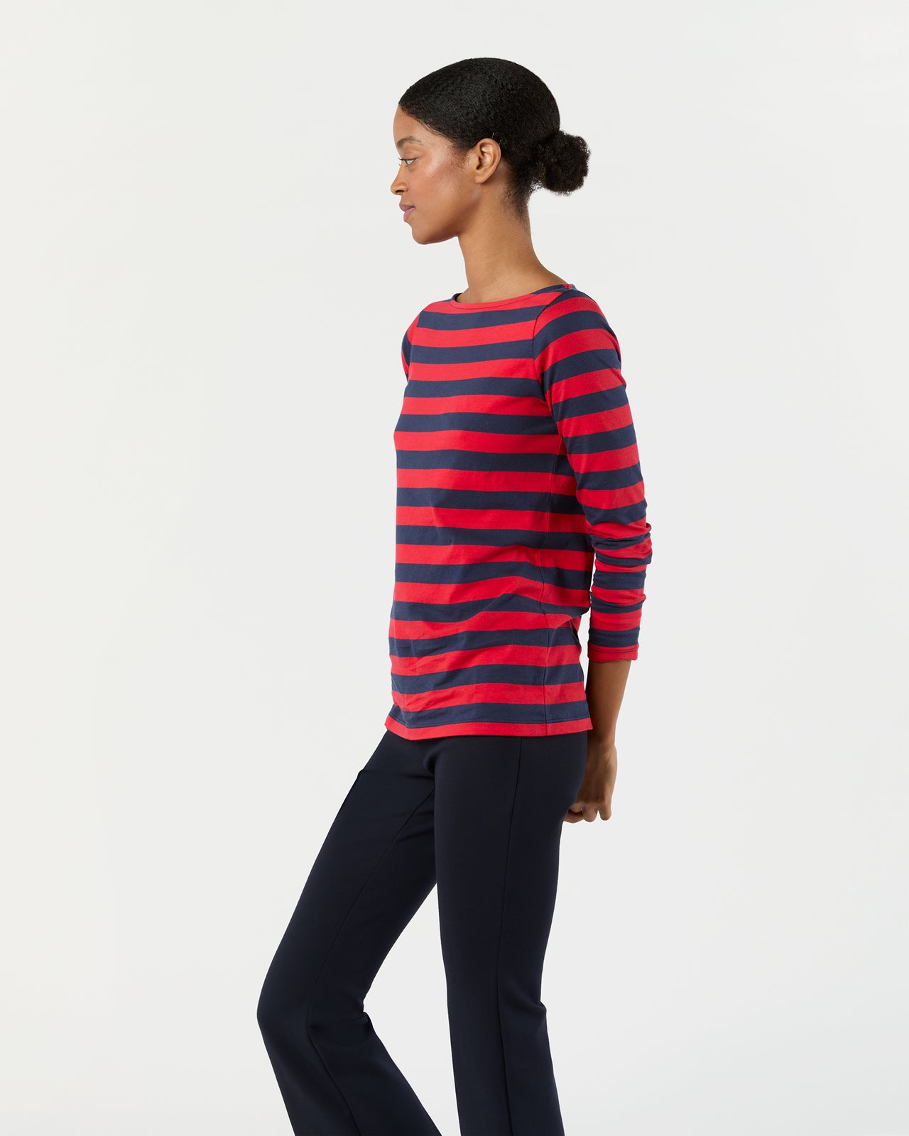 Long-Sleeved Boatneck Tee in Red/Navy Stripe Pima Cotton