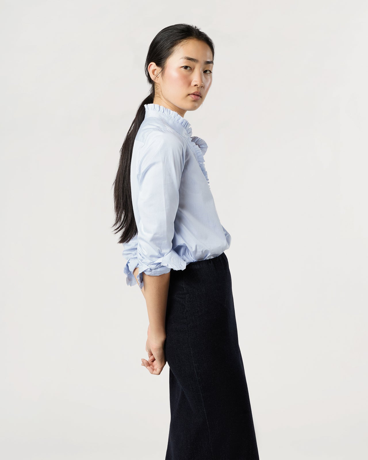 Frill Shirt in Sky Pencil Stripe Poplin