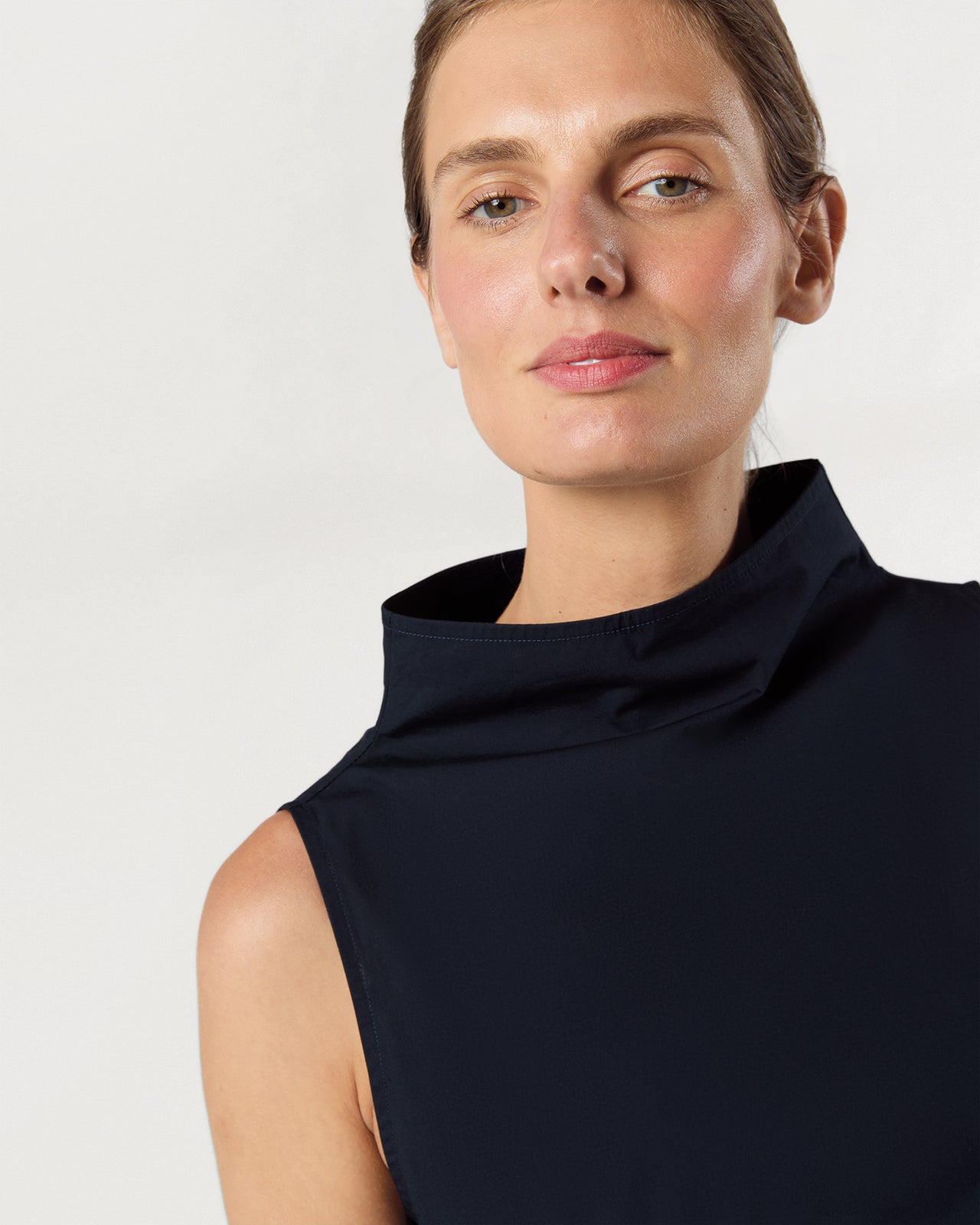Funnel-Neck Top in Navy Paperweight Stretch Poplin